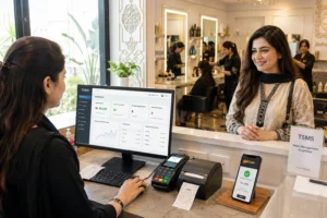 Best salon management system in Pakistan - TSMS software dashboard showing quick billing, inventory alerts, and staff performance for Pakistani salon owners