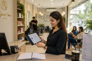 "Salon manager using Tecveq Salon Management Software salon management software on tablet for appointment booking and billing in modern hair salon 2026"