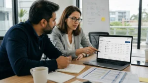 Business professionals reviewing custom B2B ecommerce solutions on laptop showing wholesale pricing and product catalogs