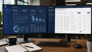 Custom erp financial management software dashboard displaying real-time financial data, budgets, and analytics on dual monitors in professional business workspace