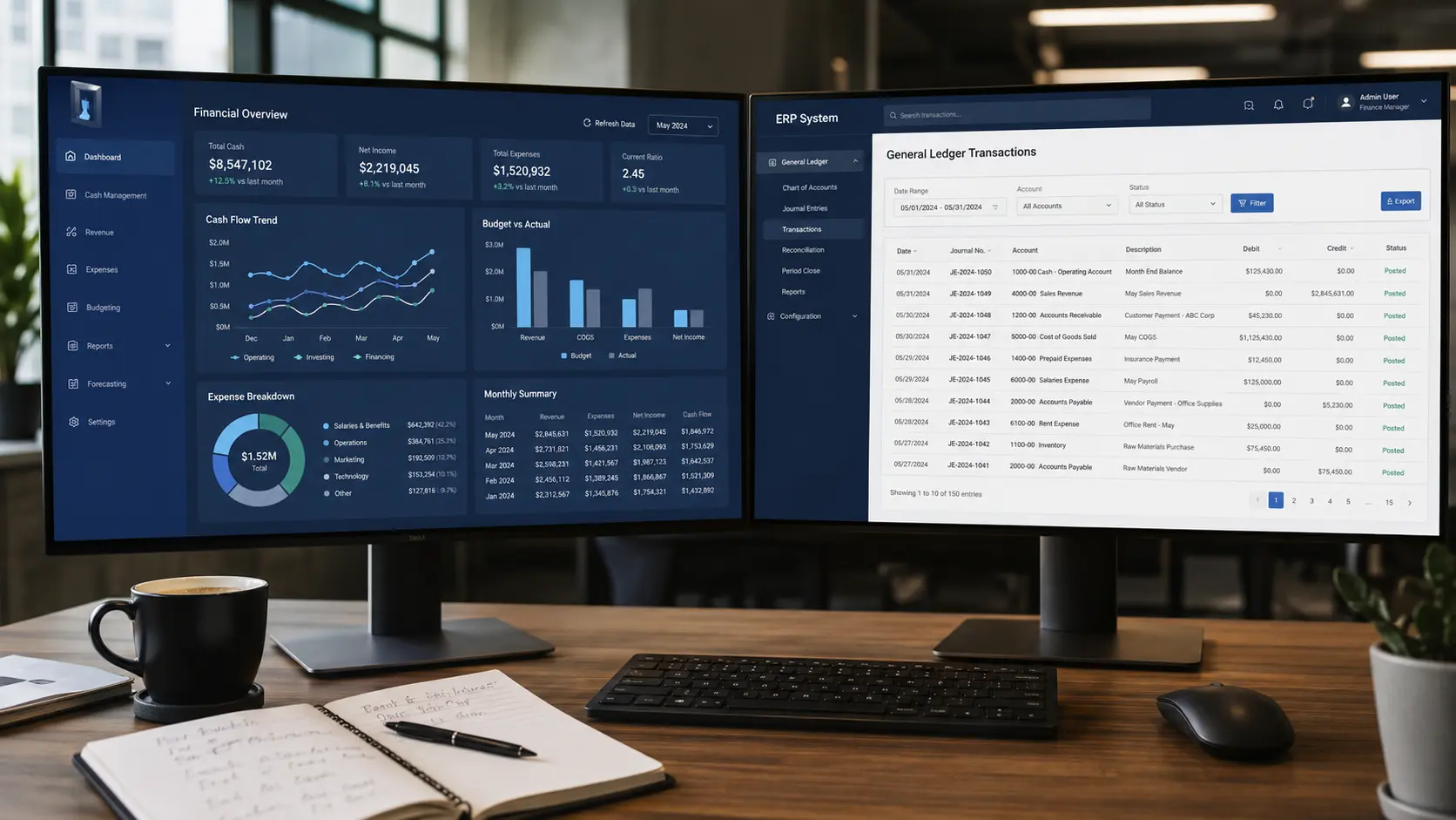 Custom erp financial management software dashboard displaying real-time financial data, budgets, and analytics on dual monitors in professional business workspace