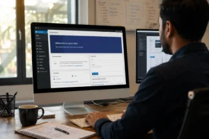 Professional WordPress developer working on a custom WordPress website development project at a modern agency workspace