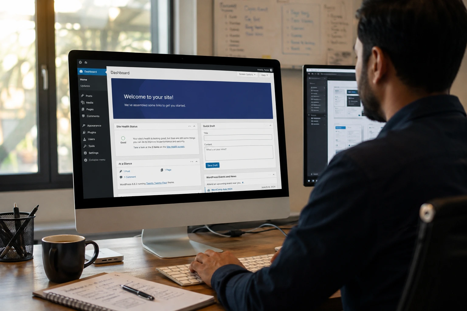 Professional WordPress developer working on a custom WordPress website development project at a modern agency workspace