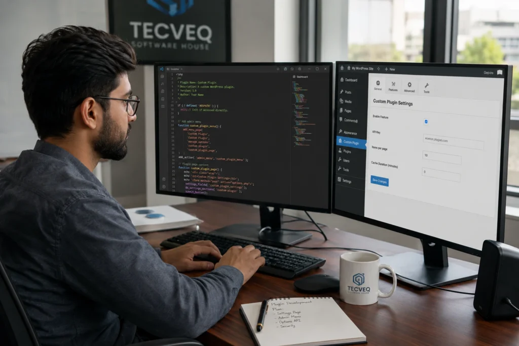 Professional WordPress plugin developer in Pakistan writing custom PHP code for client project