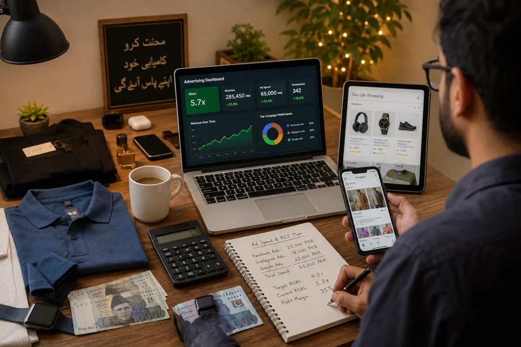 "Pakistani ecommerce store owner reviewing profitable advertising campaign results on laptop showing 4.5x ROAS from Meta and Google ads management"