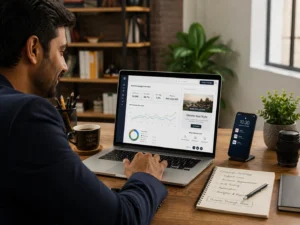 Pakistani business professional analyzing email marketing campaign performance dashboard with revenue metrics and automation workflows