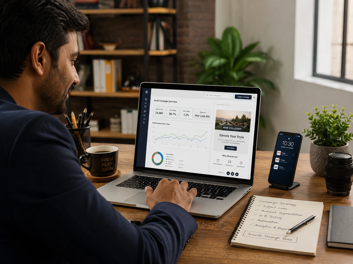 Pakistani business professional analyzing email marketing campaign performance dashboard with revenue metrics and automation workflows
