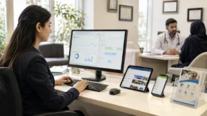 Healthcare digital marketing agency in Pakistan showing doctor and receptionist using digital tools for patient acquisition and online appointment booking