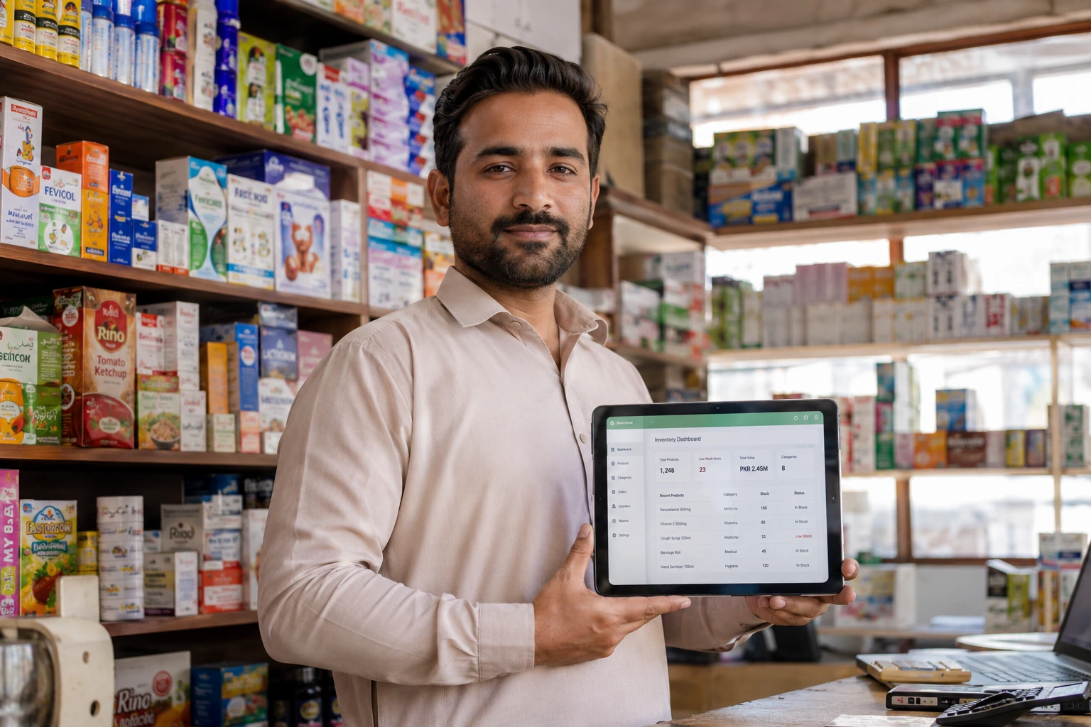 inventory management system for small business using tablet inventory management system in organized retail shop with product shelves