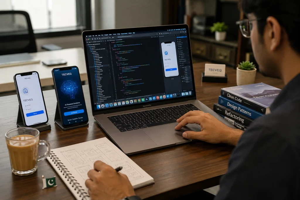 "Professional mobile app developer in Sahiwal working on iOS and Android app development with coding workspace showing Xcode, smartphone devices, and UI wireframes"