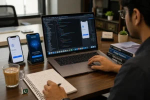 "Professional mobile app developer in Sahiwal working on iOS and Android app development with coding workspace showing Xcode, smartphone devices, and UI wireframes"
