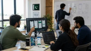 Professional mobile app development in Pakistan working on iOS and Android app projects with smartphones and coding on laptop