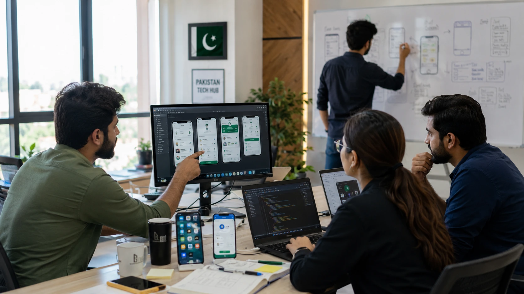 Professional mobile app development in Pakistan working on iOS and Android app projects with smartphones and coding on laptop
