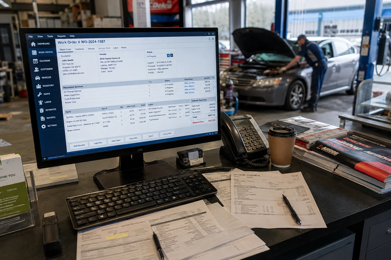 "Desktop computer running non web based auto repair shop software in professional service advisor workspace"