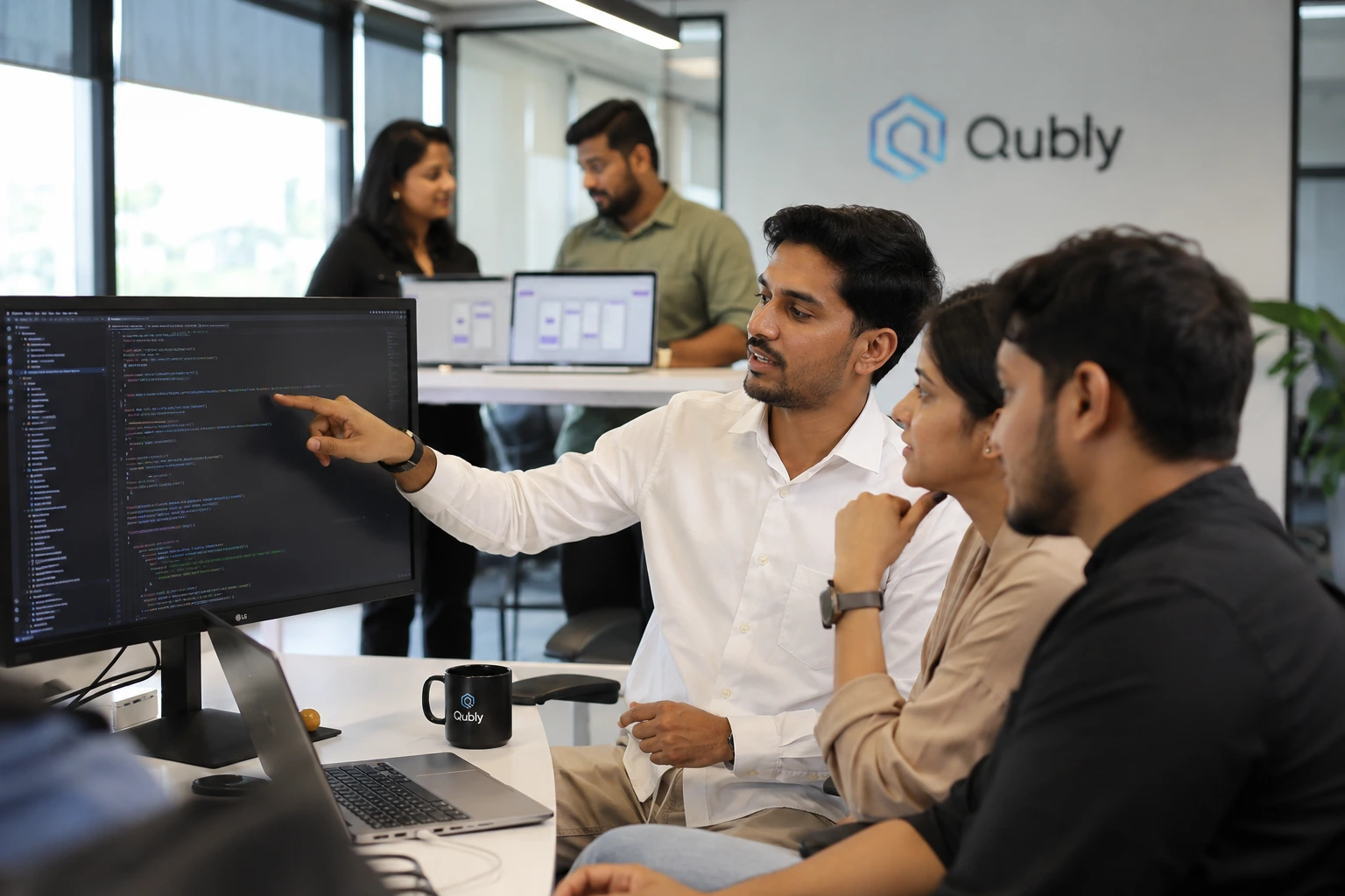 "Professional software development team collaborating on custom web application project in modern Pakistan office environment"