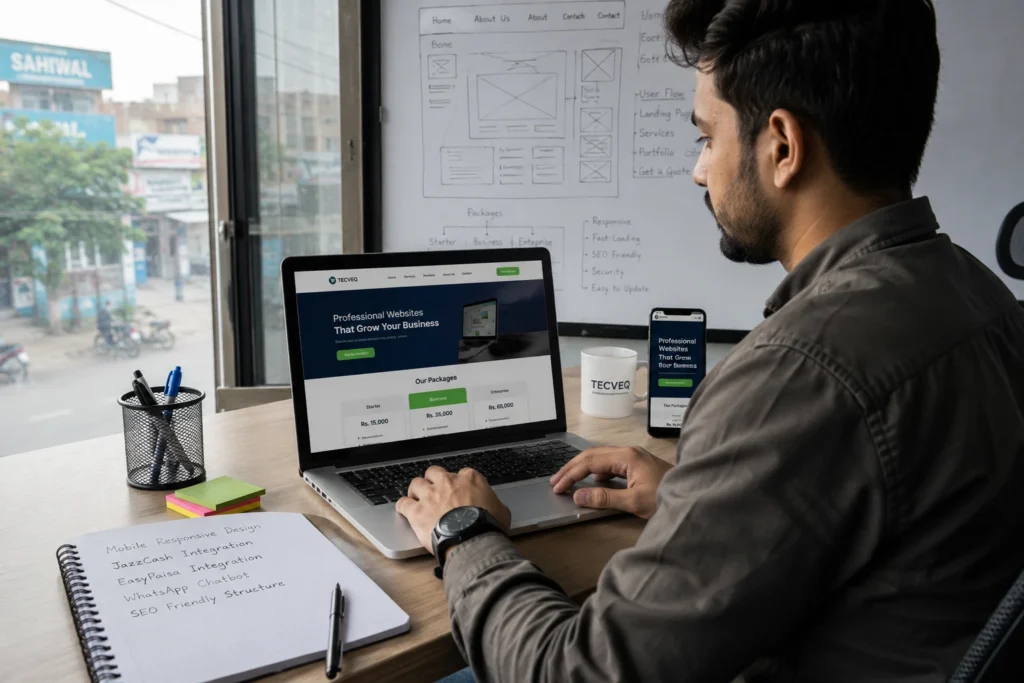 Professional website developer in Sahiwal creating mobile-responsive business website with Pakistani payment integration for local companies
