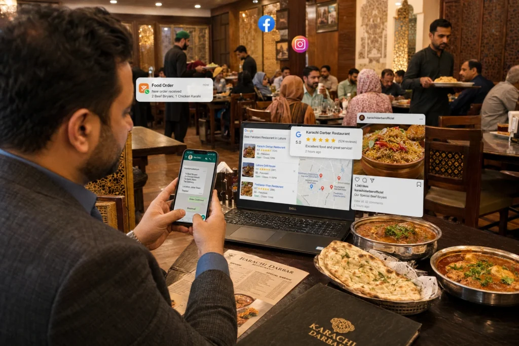 "Pakistani restaurant owner managing digital marketing on smartphone with online orders, Google reviews, and social media posts while customers dine in busy restaurant background"