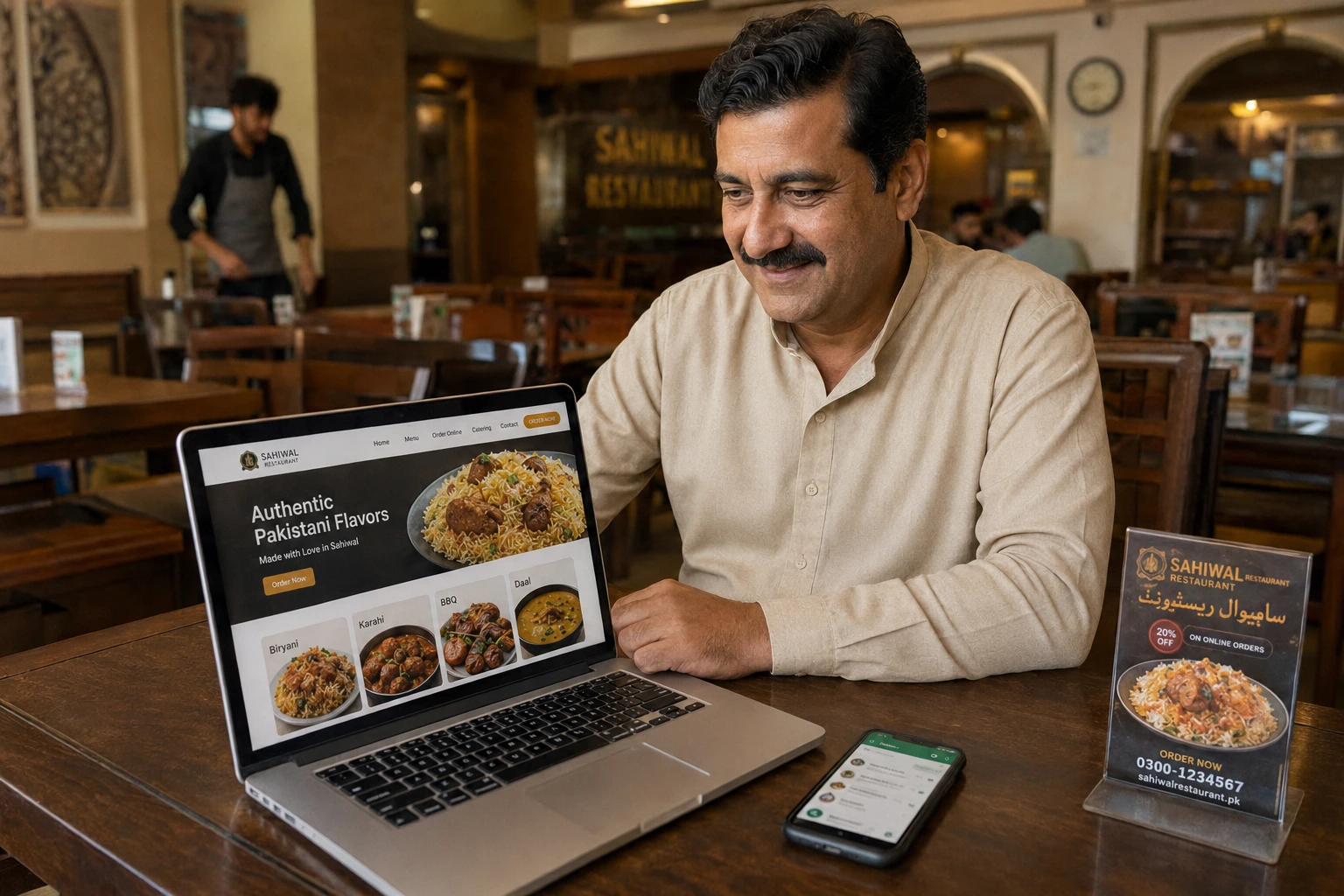 Restaurant owner in Sahiwal reviewing online ordering website on laptop showing Pakistani food menu with biryani and karahi dishes developed by Tecveq