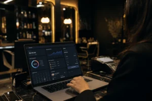 Salon front desk with a dashboard showing billing and revenue on a salon management system