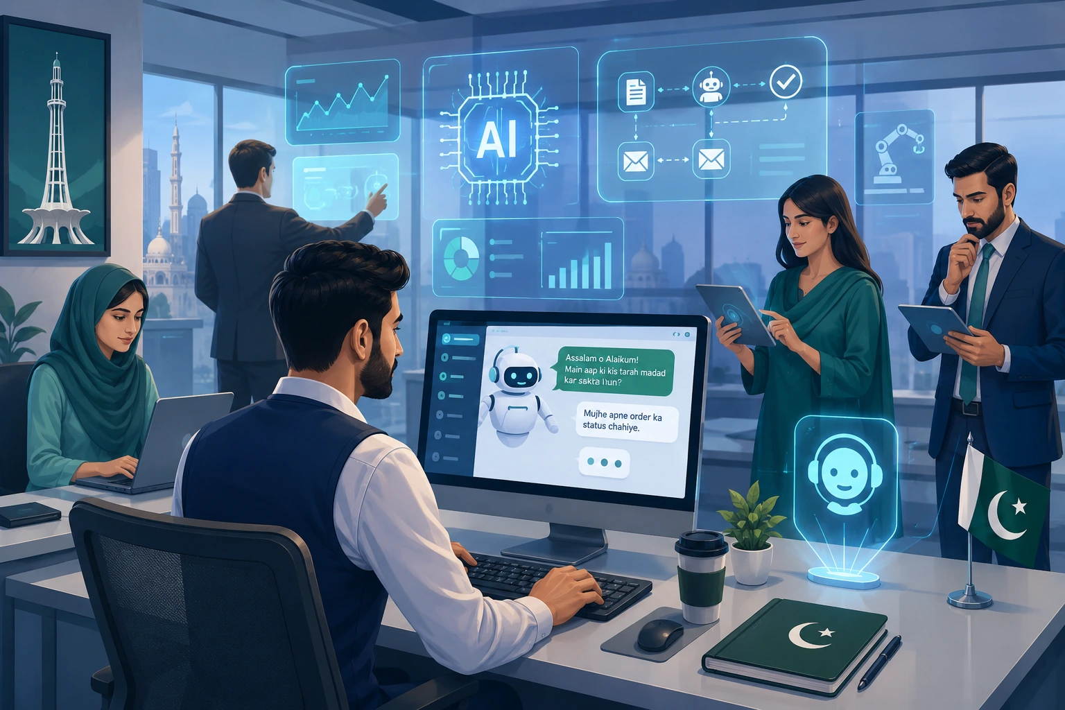 "AI Development Services in Sahiwal - Professional team implementing automated chatbots and machine learning solutions for local businesses"