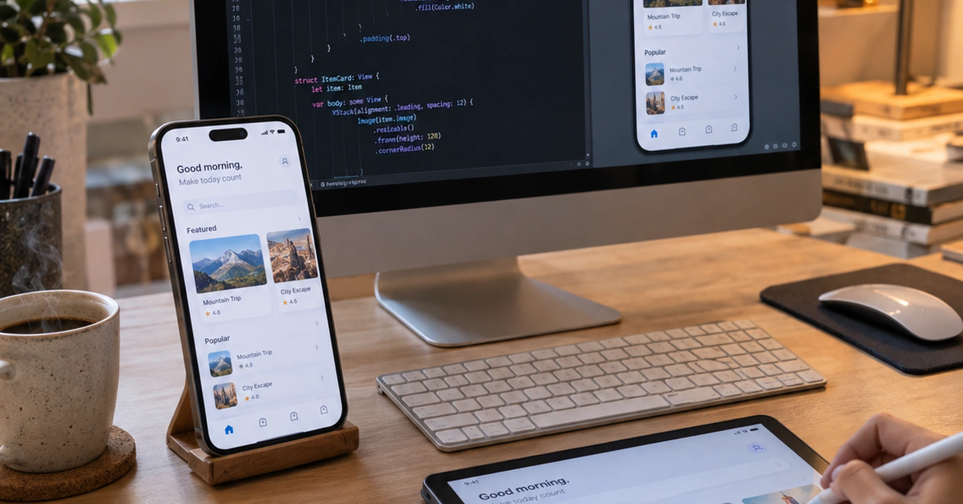 Designer working on custom iOS app development using Swift and SwiftUI in Xcode, with iPhone and iPad app mockups on a desk