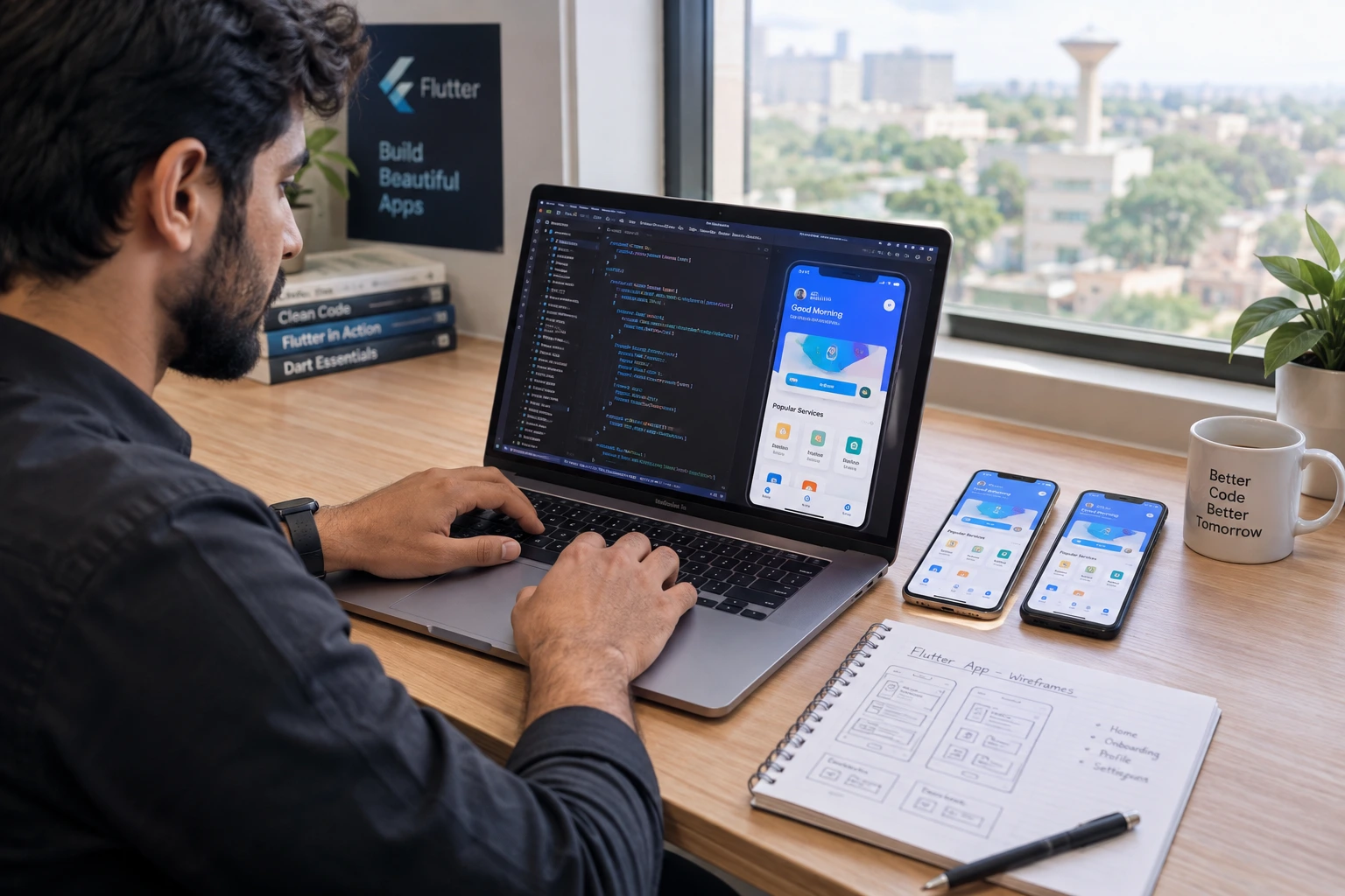 Professional Flutter app development service in Sahiwal showing developer working on cross-platform mobile application for iOS and Android