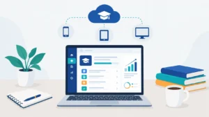 Illustration of a cloud-based SaaS learning management system dashboard connected across laptop, tablet, and mobile devices