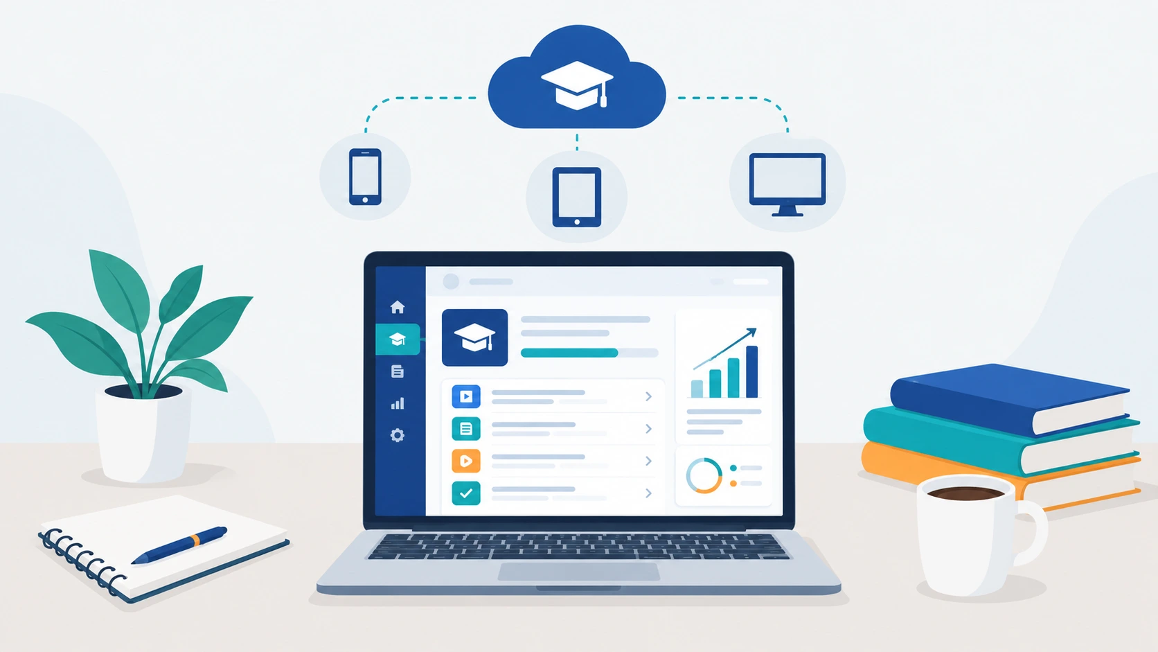 Illustration of a cloud-based SaaS learning management system dashboard connected across laptop, tablet, and mobile devices