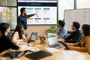 Small business ERP implementation services team planning system deployment with workflow diagrams and business dashboards