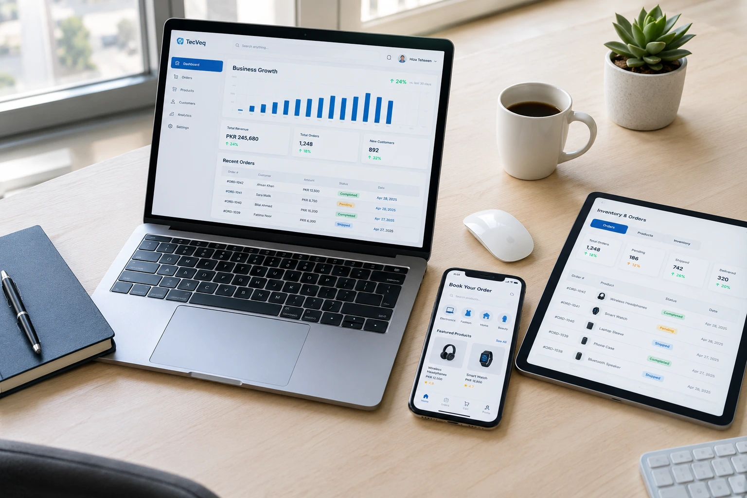 Small business software development services showing custom dashboard and mobile app on workspace desk with laptop and smartphone