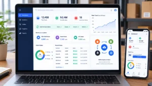Real-time inventory management dashboard showing stock sync across Daraz, Shopify and multiple warehouses